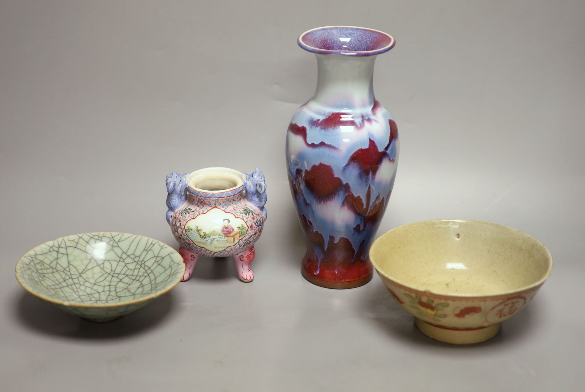 Four Chinese ceramic items, including a vase, censer and two bowls, Qing period and later., tallest 25cm